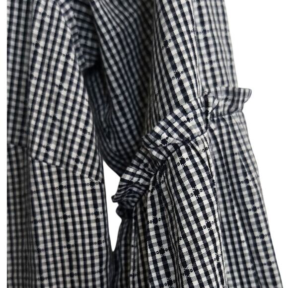 Gingham Blouse XXS Black White Check Button-Up Cotton Blend Tie Sleeve - Picture 5 of 9